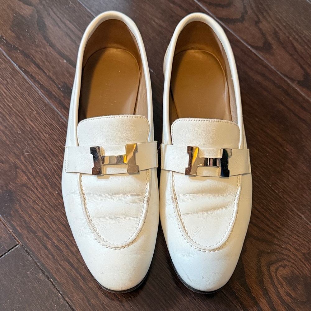 Hermes White Leather Men's Loafers with Gold Buckle